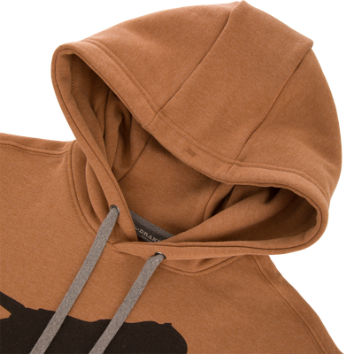 Leaping Lab Graphic Hoodie with a drawstring hood, kangaroo pocket, side panels, and a front leaping black lab graphic, ideal for hunting and casual wear.