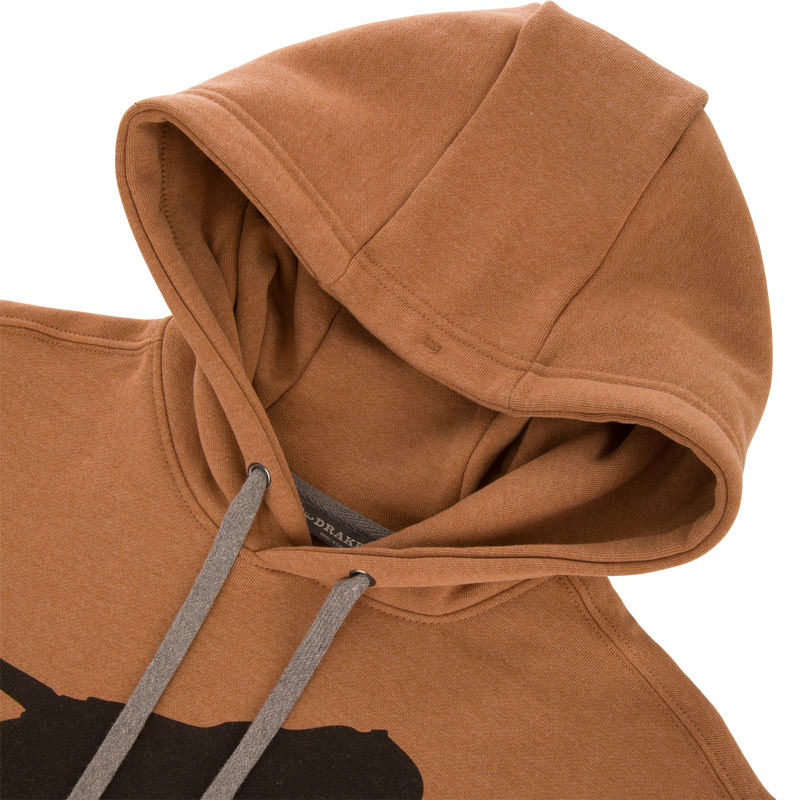 Leaping Lab Graphic Hoodie with a drawstring hood, kangaroo pocket, side panels, and a front leaping black lab graphic, ideal for hunting and casual wear.