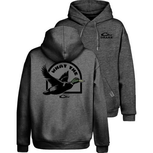 What The Duck Graphic Hoodie with Drake logo on front, detailed flying mallard design on back, made from soft cotton-poly blend with adjustable hood and kangaroo pocket.