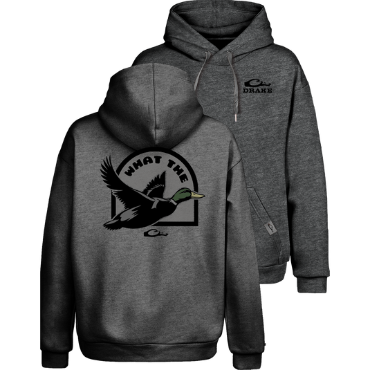 What The Duck Graphic Hoodie with Drake logo on front, detailed flying mallard design on back, made from soft cotton-poly blend with adjustable hood and kangaroo pocket.