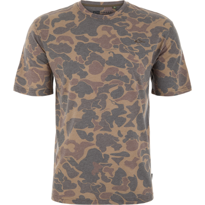 Drake Head Tri-Blend Crew Short Sleeve T-Shirt on mannequin, showcasing abstract camouflage print, ideal for active wear with its lightweight, breathable, and quick-drying fabric.