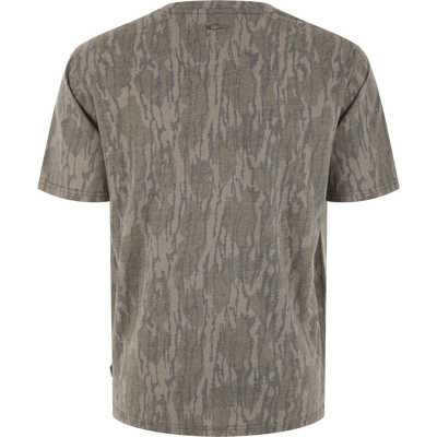 Drake Head Tri-Blend Crew Short Sleeve T-Shirt in a muted camouflage pattern, showcasing its back and shoulders, ideal for versatile, breathable, and quick-drying comfort.