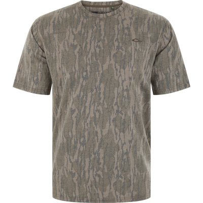 Drake Head Tri-Blend Crew Short Sleeve T-Shirt features an earth-tone camouflage pattern, crew neckline, and tonal logo, offering lightweight, breathable comfort with stretch for active wear.