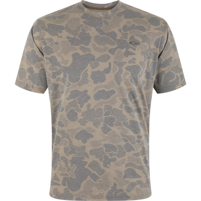 Drake Head Tri-Blend Crew T-Shirt in gray-tan camo, short-sleeved with a small embroidered logo on the chest, offering lightweight, breathable comfort.