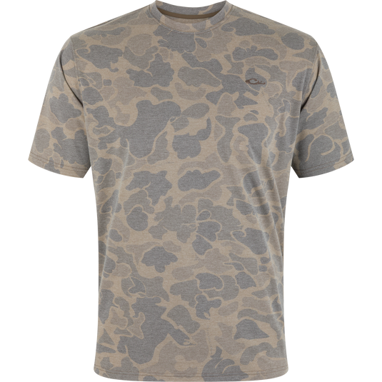 Drake Head Tri-Blend Crew T-Shirt in gray-tan camo, short-sleeved with a small embroidered logo on the chest, offering lightweight, breathable comfort.