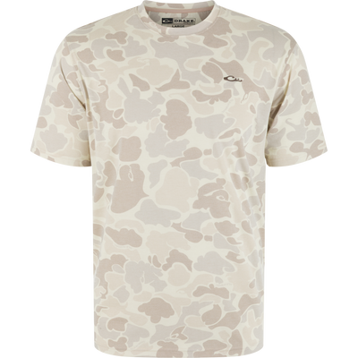 Drake Head Tri-Blend Crew T-Shirt with a light camouflage pattern, showcasing a small chest logo, embodies lightweight, breathable, and quick-drying performance for active pursuits.