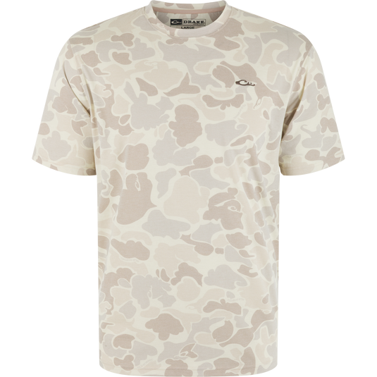 Drake Head Tri-Blend Crew T-Shirt with a light camouflage pattern, showcasing a small chest logo, embodies lightweight, breathable, and quick-drying performance for active pursuits.
