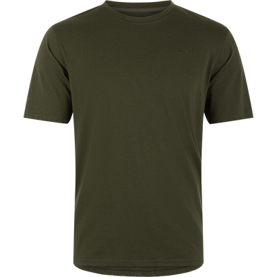 Drake Head Tri-Blend Crew Short Sleeve T-Shirt, olive-green with tonal chest logo, offers breathable, quick-drying comfort with a soft cotton/poly/rayon blend and built-in stretch.