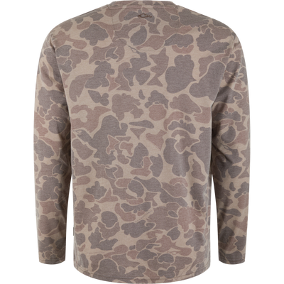 Drake Tri-Blend Crew shirt in earth-tone camouflage, showcasing its lightweight, breathable fabric and built-in stretch, ideal for versatile, comfortable wear.