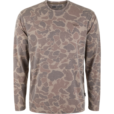 Drake Tri-Blend Crew shirt on a mannequin, featuring a muted earth-tone camouflage pattern, designed for versatile comfort and performance with breathable, quick-drying fabric.