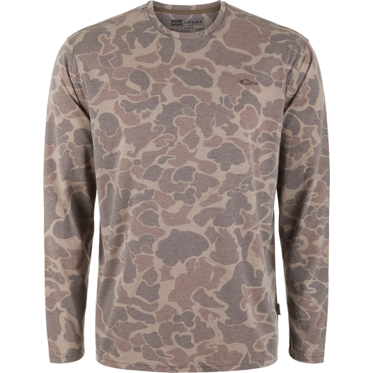 Drake Tri-Blend Crew shirt on a mannequin, featuring a muted earth-tone camouflage pattern, designed for versatile comfort and performance with breathable, quick-drying fabric.