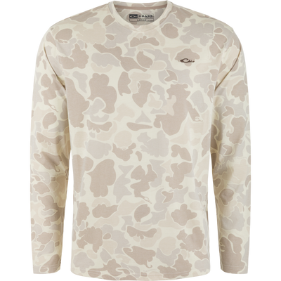 Drake Tri-Blend Crew long-sleeve shirt in cream camouflage with Drake label and logo, offering lightweight, breathable comfort and stretch for versatile everyday wear.