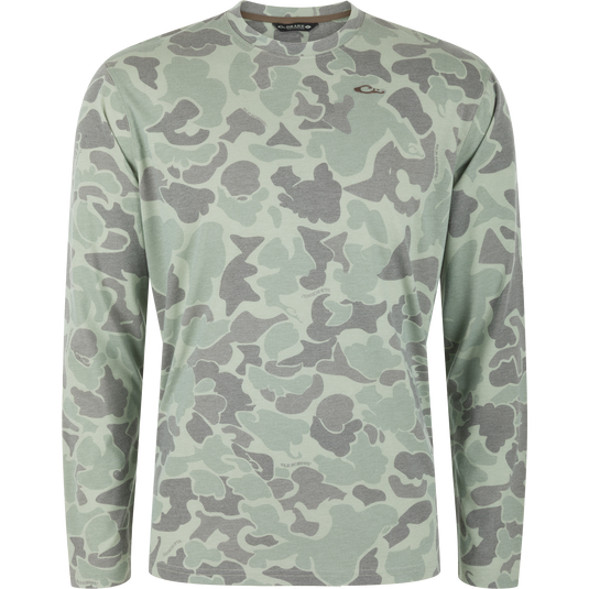 Lifestyle Tri-Blend Crew long-sleeved shirt in a sage green and grey camouflage print, featuring a lightweight, quick-drying design.