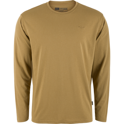 Drake Tri-Blend Crew men's long-sleeve T-shirt on a mannequin, featuring a crew neck and small embroidered chest logo, emphasizing comfort and lightweight performance.