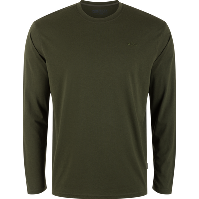 Drake Tri-Blend Crew: Olive-green, long-sleeve crewneck T-shirt with tone-on-tone embroidered logo, offering lightweight, breathable comfort and stretch for versatile, active wear.