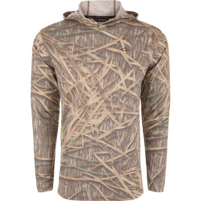 Youth Drake Tri-Blend Long Sleeve Hoodie displayed on a mannequin, showcasing its lightweight, breathable fabric with built-in stretch, ideal for active pursuits.