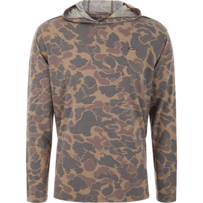 Drake Tri-Blend Long Sleeve Hoodie on a mannequin, showcasing its soft jersey knit and camouflage pattern, ideal for active outdoor wear with breathable, quick-drying features.