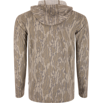 Youth Drake Tri-Blend Long Sleeve Hoodie, back view, featuring a bark-style camouflage print. Lightweight, soft fabric with stretch and quick-drying technology for active pursuits.