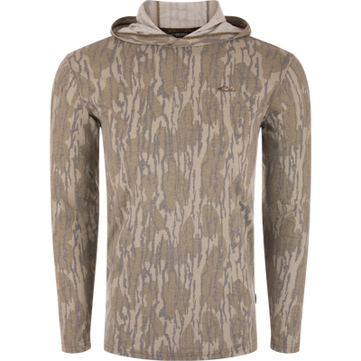 Youth Drake Tri-Blend Long Sleeve Hoodie features a camo-style knit with a subtle bark print, showcasing durability and flexibility for active outdoor pursuits.