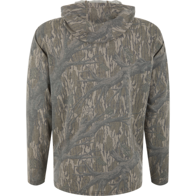 Drake Tri-Blend Long Sleeve Hoodie in tree-bark camouflage print, laid flat, showcasing its lightweight, breathable design ideal for active outdoor pursuits.