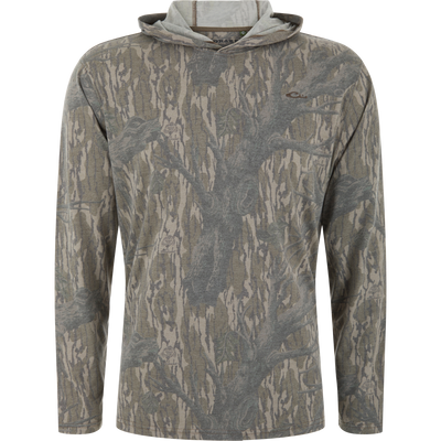 Drake Tri-Blend Long Sleeve Hoodie in tree-bark camo with tonal chest logo, featuring a soft, stretchy, and breathable fabric ideal for active outdoor use.