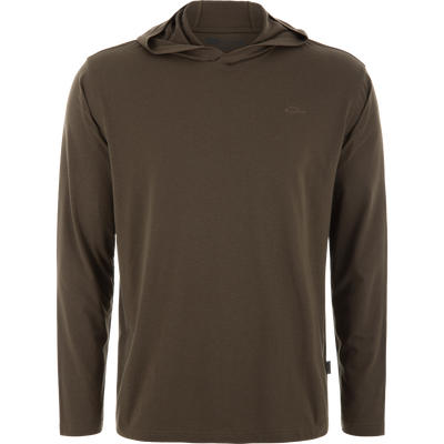 Drake Tri-Blend Long Sleeve Hoodie on mannequin, featuring embroidered logo, lightweight fabric, built-in stretch, and quick-drying properties for versatile comfort and performance.
