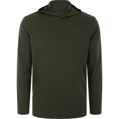 Front view of the Drake Tri-Blend Long Sleeve Hoodie, showcasing its lightweight, breathable fabric and small tonal logo on the chest.