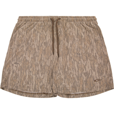 Tri-Blend Campus Short in woodland camo, flat-laid; features elastic waistband, drawstring, 7-inch inseam, crafted from soft, breathable, quick-drying cotton/poly/rayon blend.