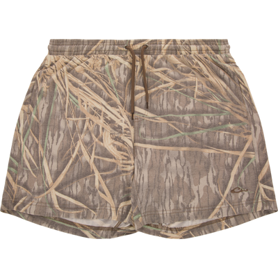 Tri-Blend Campus Short with grass camo print, elastic waistband, and side pockets. Quick-drying, breathable fabric ideal for casual or active use.