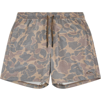 Tri-Blend Campus Short in muted camo, featuring an elastic waist, side pockets, and a drawstring, ideal for comfort and versatility in casual and active settings.