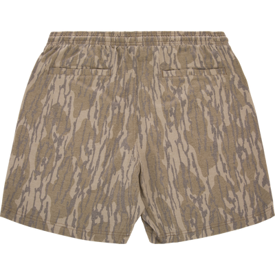 Tri-Blend Campus Short with elastic waistband and welt pockets, featuring a camo pattern in muted tan and gray, ideal for casual comfort and versatility.
