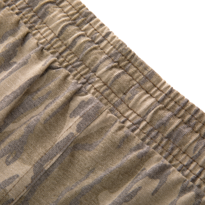 Close-up of the Tri-Blend Campus Short's elastic waistband, showcasing its soft cotton-poly-rayon blend and camouflage print, emphasizing comfort and flexibility for casual wear.