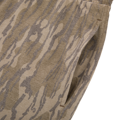 Close-up of the Tri-Blend Campus Short's camo pocket and elastic waistband, highlighting its breathable, stretchy fabric for comfort and versatility in active or casual settings.