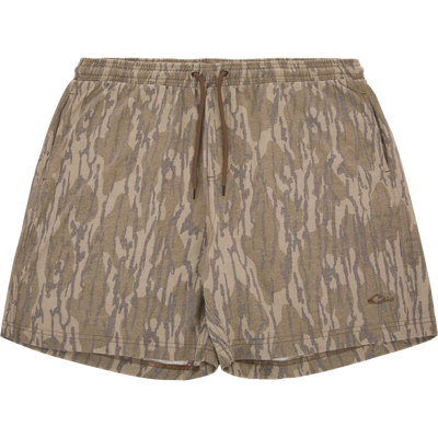 Tri-Blend Campus Short in woodland camo, featuring elastic waistband and drawstring, designed for comfort with soft, quick-drying fabric and 7-inch inseam.