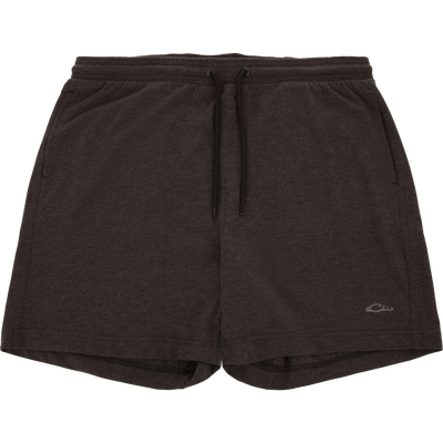 Tri-Blend Campus Short with elastic waistband, black drawstring, side pockets, tonal logo; crafted for comfort with soft, breathable, quick-drying fabric and 7-inch inseam.