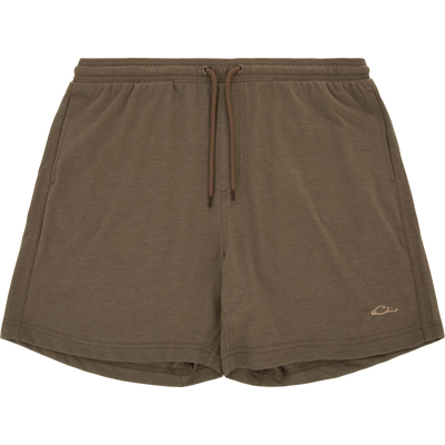 Tri-Blend Campus Short with elastic waistband, drawstring, side pockets, and embroidered logo, offering lightweight comfort and stretch for everyday casual wear.