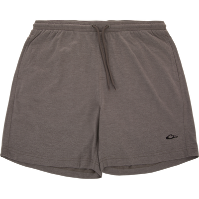 Tri-Blend Campus Short, charcoal-gray with elastic waistband and side pockets, featuring a small embroidered logo, designed for comfort with breathable, quick-drying fabric and a 7-inch inseam.