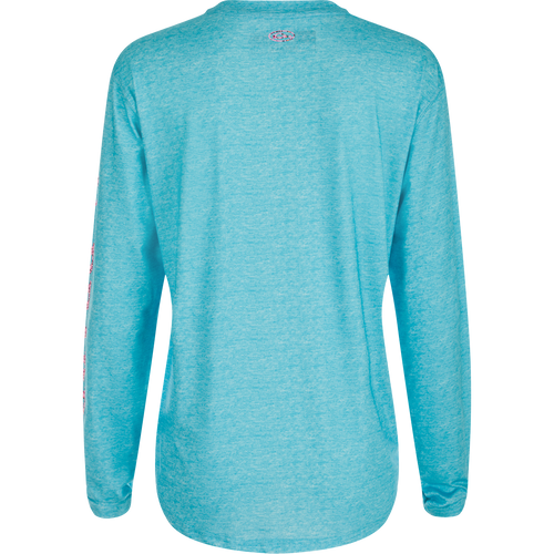 Women's Performance Crew Heather Shirt, a lightweight, breathable top with Built-In Cooling, UPF 50, Moisture Wicking, and Quick Drying. Features fun sleeve prints including Old School Camo pattern. Ideal for outdoor activities.