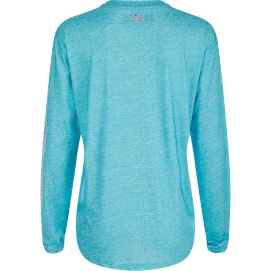 Women's Performance Crew Heather Shirt, a lightweight, breathable top with Built-In Cooling, UPF 50, Moisture Wicking, and Quick Drying. Features fun sleeve prints including Old School Camo pattern. Ideal for outdoor activities.