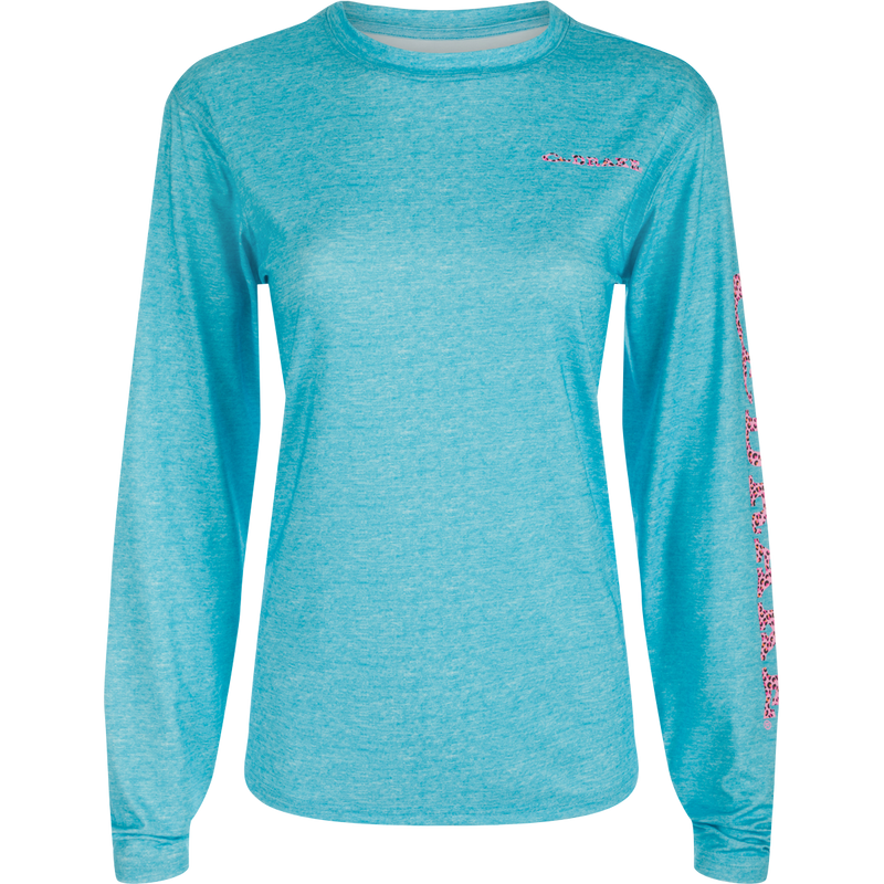 Women's Performance Crew Heather Shirt, lightweight with Built-In Cooling, UPF 50, Moisture Wicking, and Quick Drying. Old School Camo sleeve print.