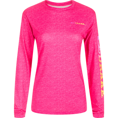 Women's Performance Crew Heather Shirt with long sleeves, featuring lightweight, breathable fabric with built-in cooling, UPF 50 protection, and moisture-wicking properties.