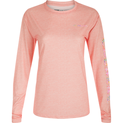 Women's Performance Crew Heather Shirt from Drake featuring long sleeves, lightweight fabric with built-in cooling, UPF 50 protection, moisture-wicking, and quick-drying properties.