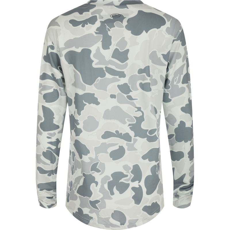 Women's Performance Crew Print L/S: A lightweight, moisture-wicking shirt with UPF 50 sun protection. Features cooling fabric and quick-drying technology. Ideal for outdoor activities.
