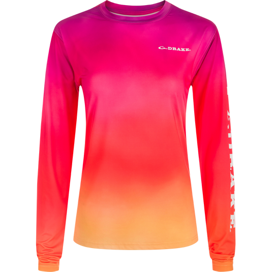 Women's Performance Crew Print L/S: A lightweight, moisture-wicking shirt with UPF 50 sun protection. Features built-in cooling and quick-drying fabric for active wear.