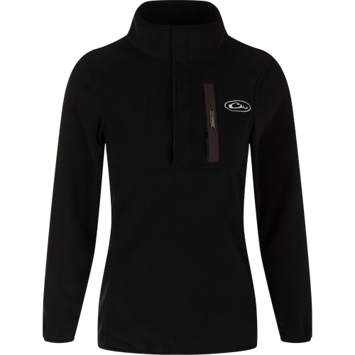 A black jacket with a zipper, part of the Women's Camp Fleece Pullover 2.0 collection by Drake Waterfowl.