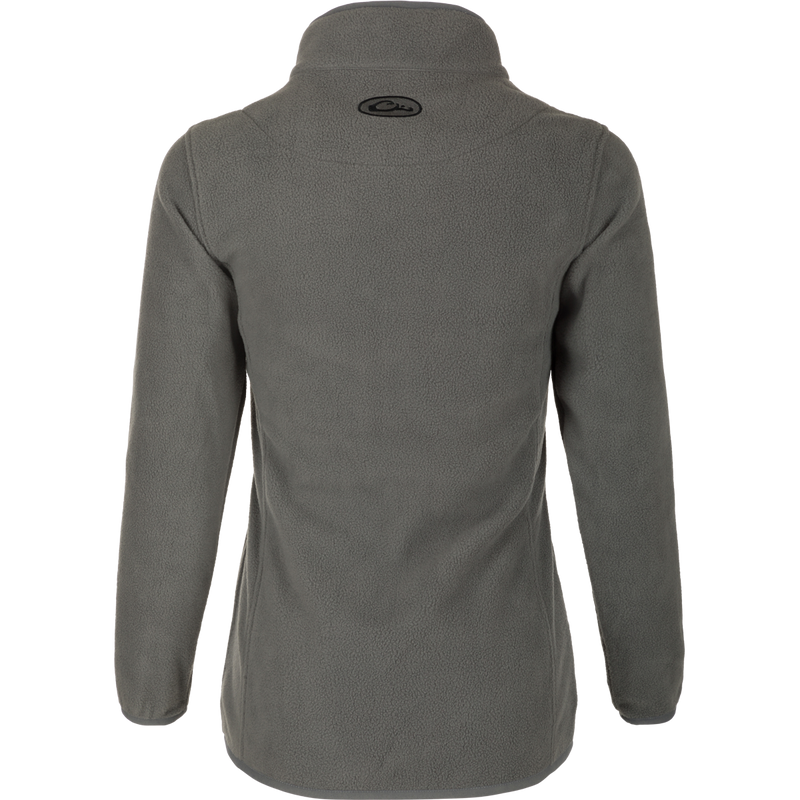 Women's Camp Fleece Pullover 2.0: A logo-adorned grey jacket with an adjustable collar, cuffs, and hem. Made of soft, moisture-wicking polyester micro fleece.