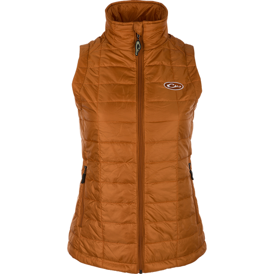 Women's Synthetic Down Pac-Vest with YKK zippered pockets and elastic cuffs. Stay warm and ready for adventure.