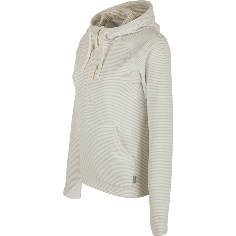 Women's MST Breathlite Hoodie: A striped hoodie with a 4-way stretch design, grid fleece backing, and adjustable drawstring closure. Features a YKK zippered chest pocket, kangaroo pockets, and thumb loops for comfort.