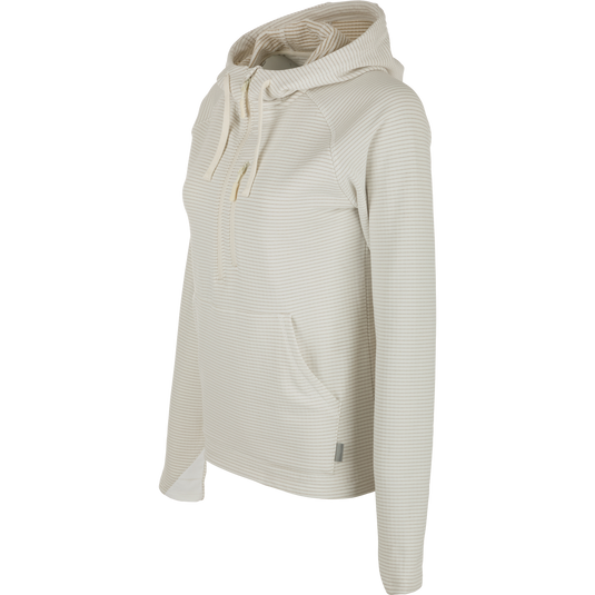Women's MST Breathlite Hoodie: A striped hoodie with a 4-way stretch design, grid fleece backing, and adjustable drawstring closure. Features a YKK zippered chest pocket, kangaroo pockets, and thumb loops for comfort.