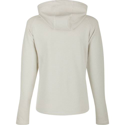 Women's MST Breathlite Hoodie: A striped hoodie with a close-up of the fabric. Features include 4-way stretch, grid fleece backing, YKK zippered pocket, adjustable drawstring closure, kangaroo pockets, and thumb loops. Comfortable and practical for any activity.